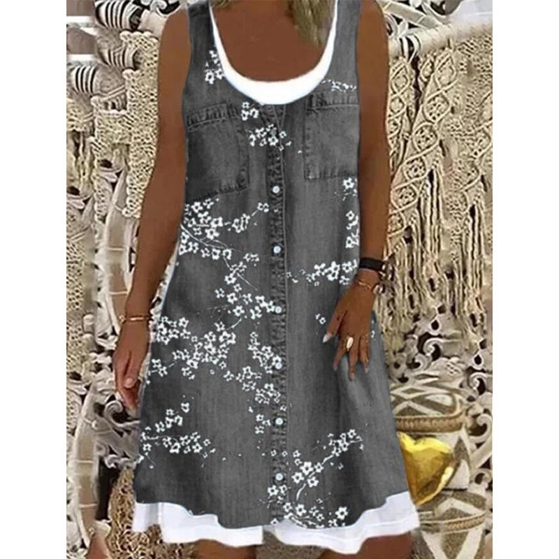 Robe courte femme effet denim sans manches à boutons
