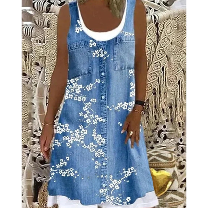 Robe courte femme effet denim sans manches à boutons