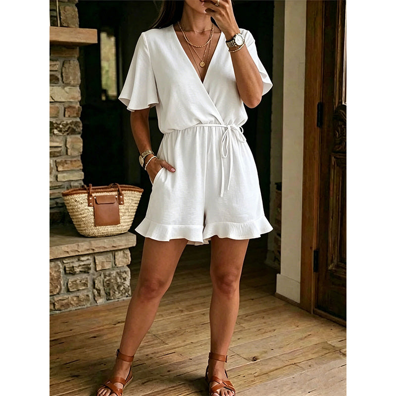 Combishort d’été femme à col V croisé et taille nouée