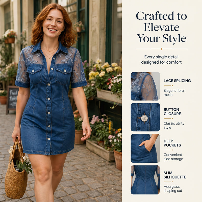 Robe chemise courte femme en denim avec dentelle transparente