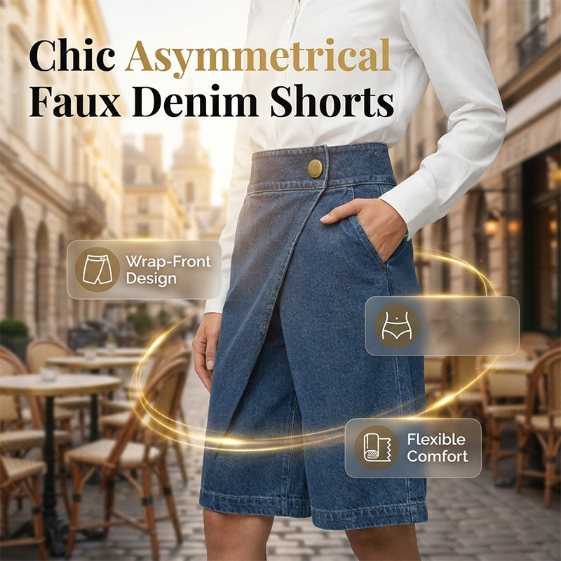 Short femme effet denim à coupe portefeuille asymétrique