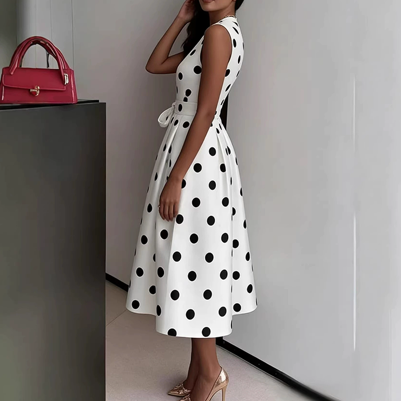 Robe femme sans manches à pois avec col V et ceinture