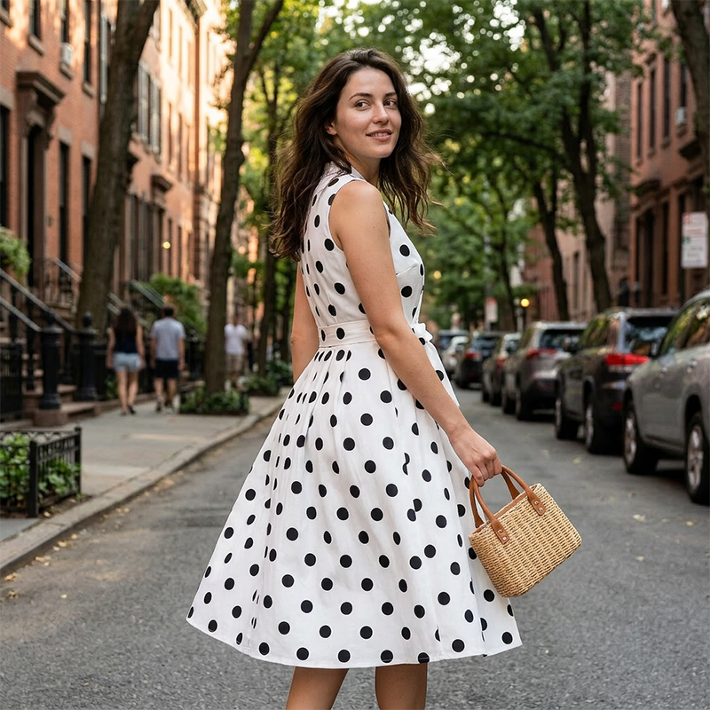 Robe femme sans manches à pois avec col V et ceinture