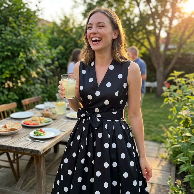 Robe femme sans manches à pois avec col V et ceinture