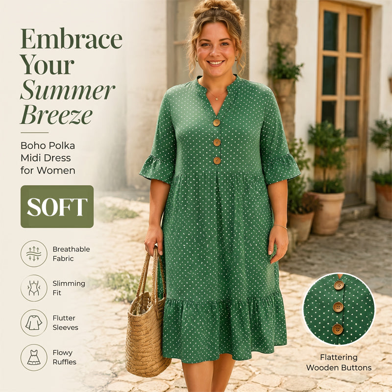 Robe midi femme à pois et manches volantées