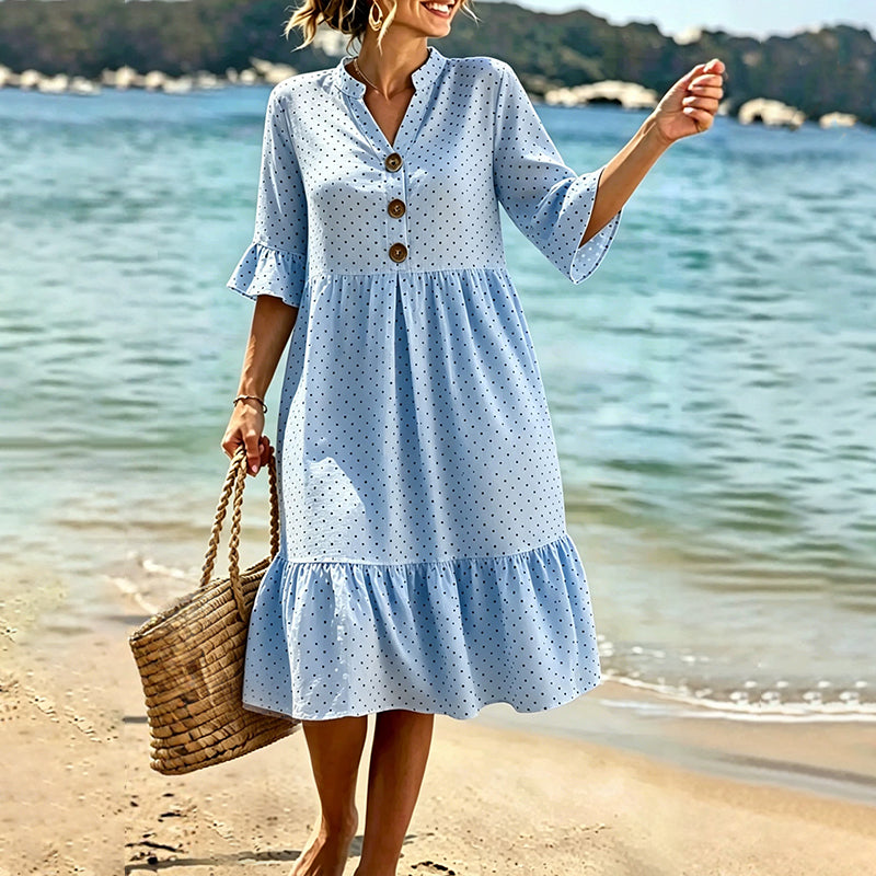 Robe midi femme à pois et manches volantées
