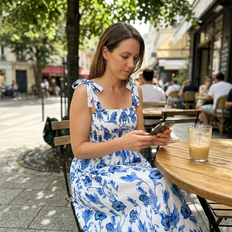 Robe longue d’été femme à imprimé floral et corsage smocké