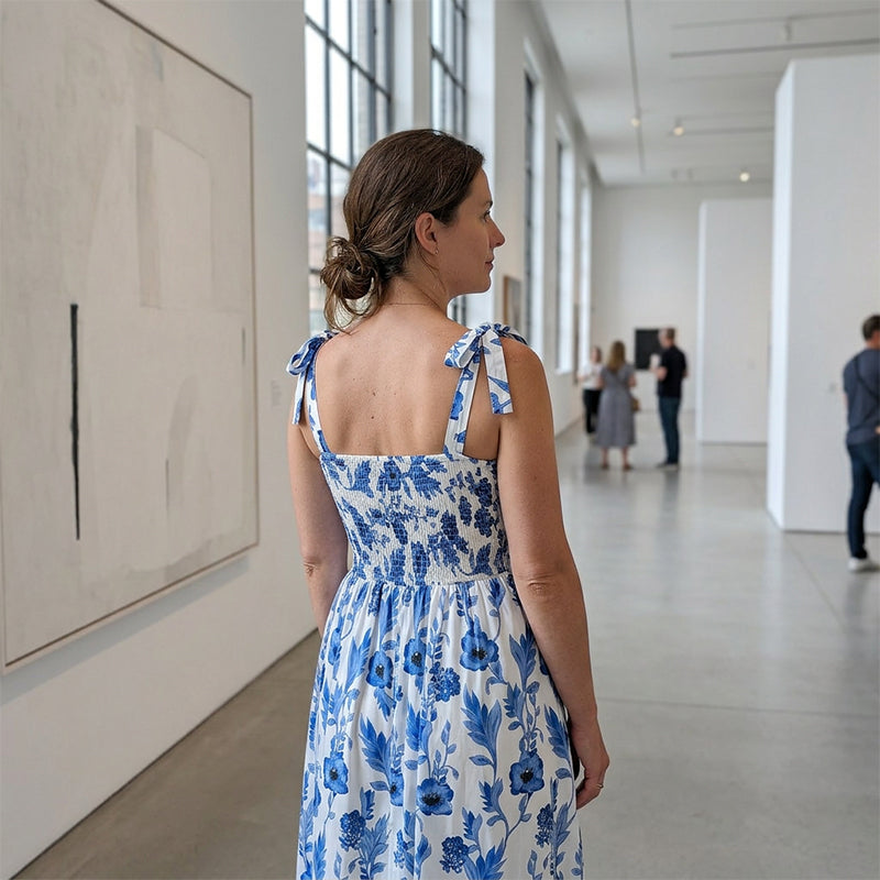 Robe longue d’été femme à imprimé floral et corsage smocké