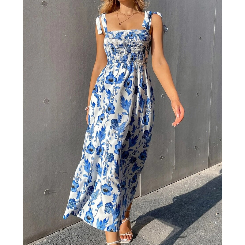 Robe longue d’été femme à imprimé floral et corsage smocké