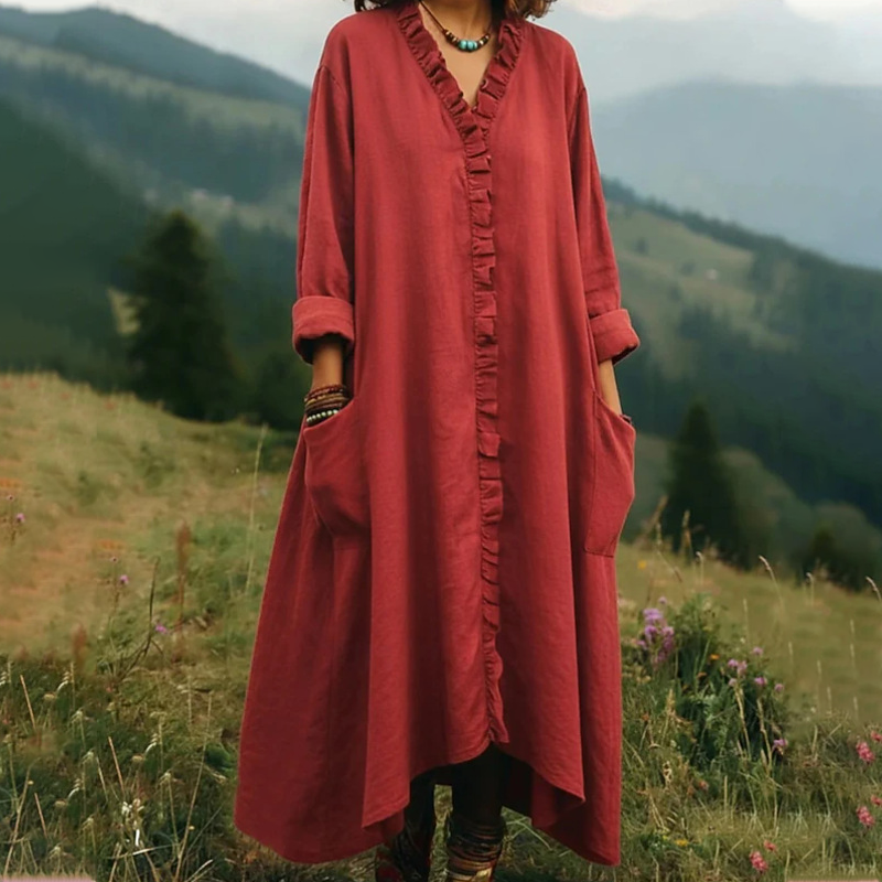 Robe longue femme fluide à volants et col V