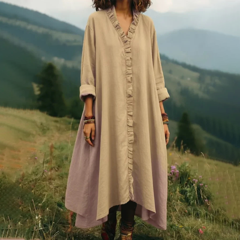 Robe longue femme fluide à volants et col V
