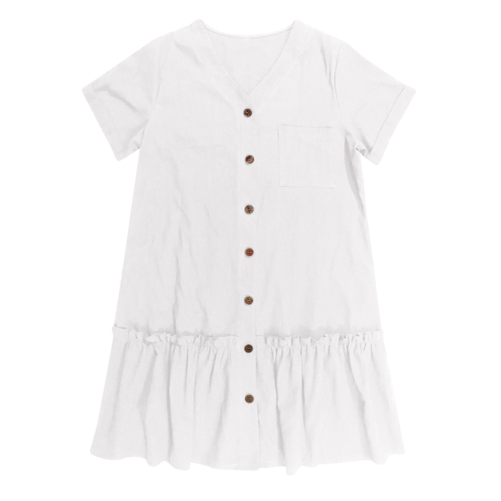 Robe courte femme coton lin à boutons et ourlet volanté