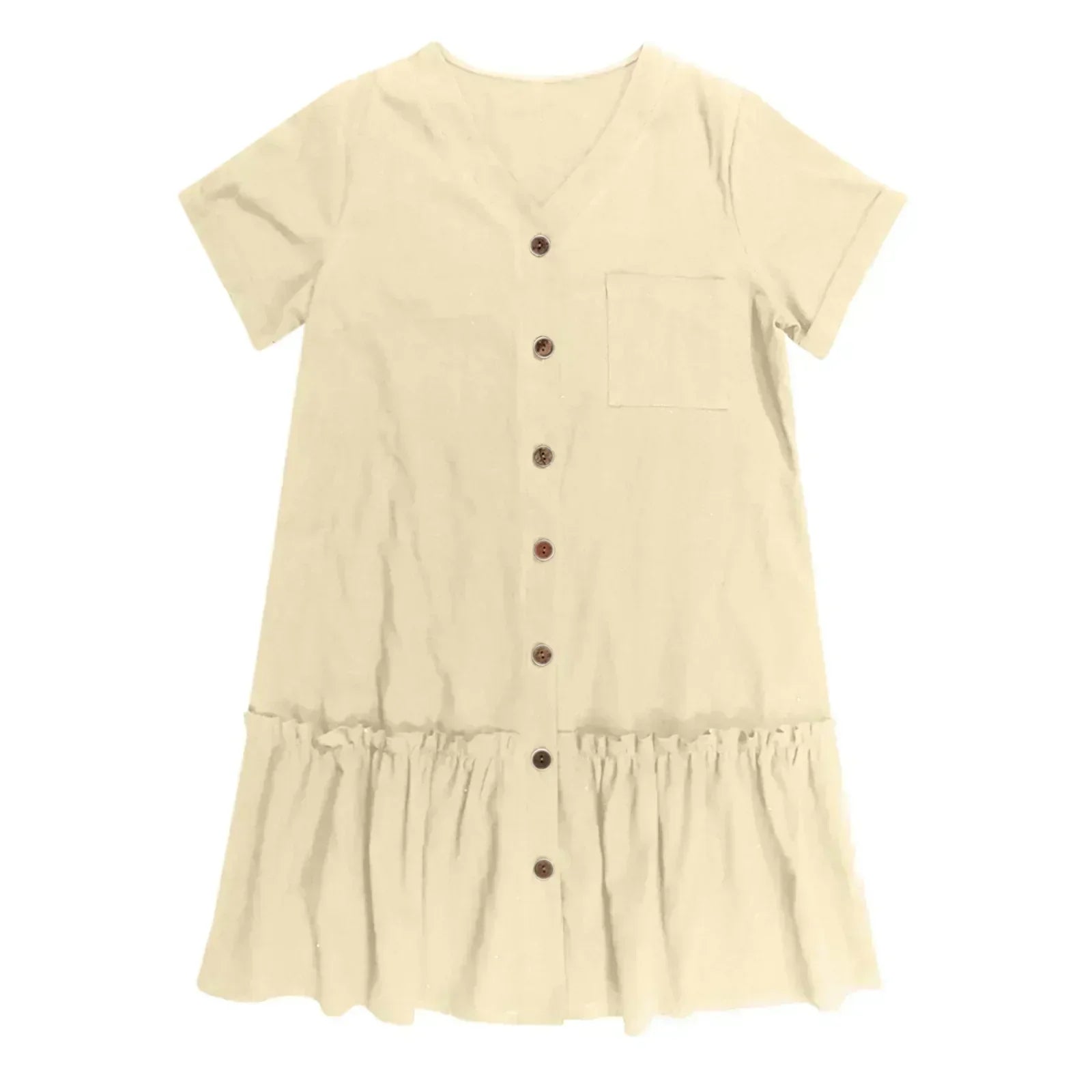 Robe courte femme coton lin à boutons et ourlet volanté