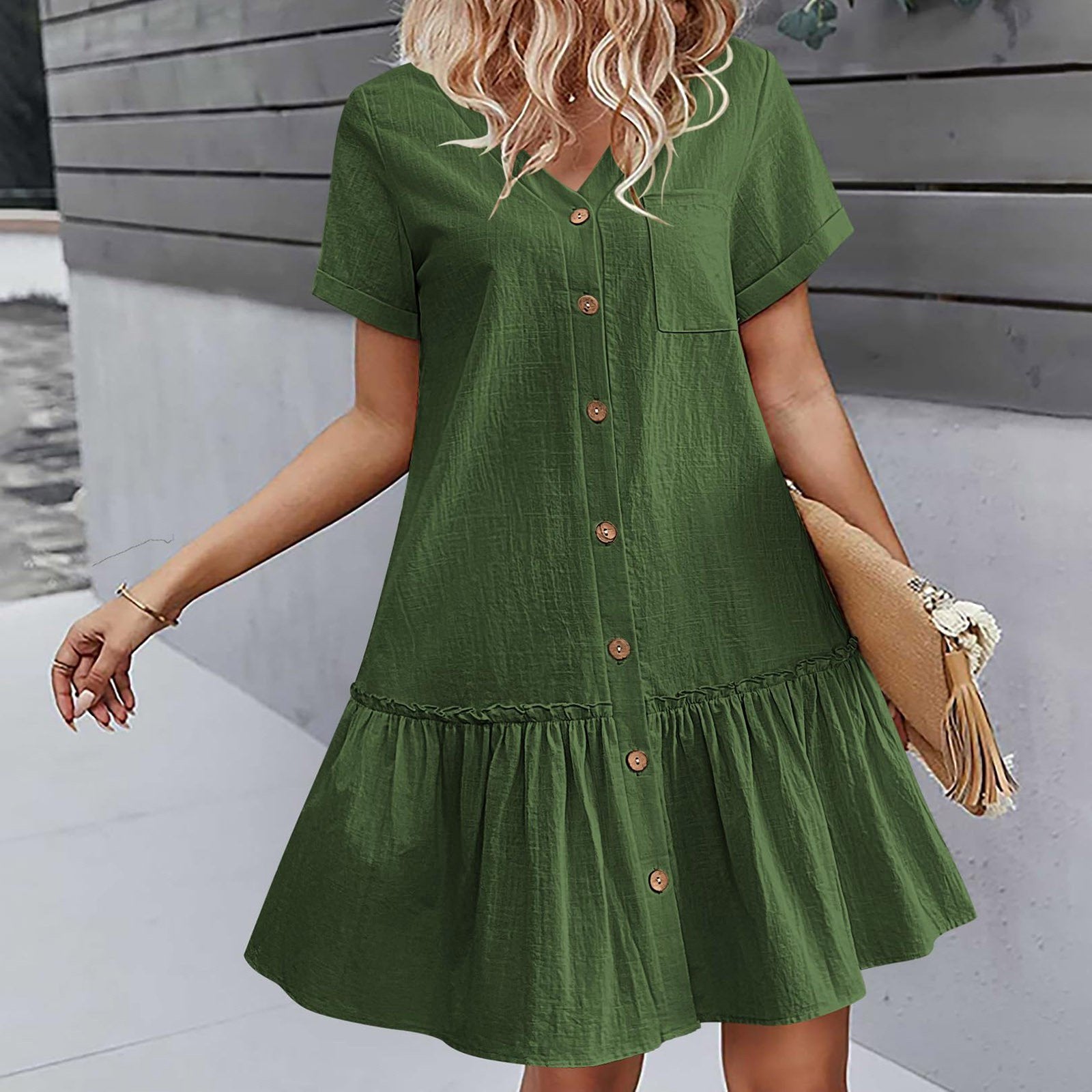 Robe courte femme coton lin à boutons et ourlet volanté