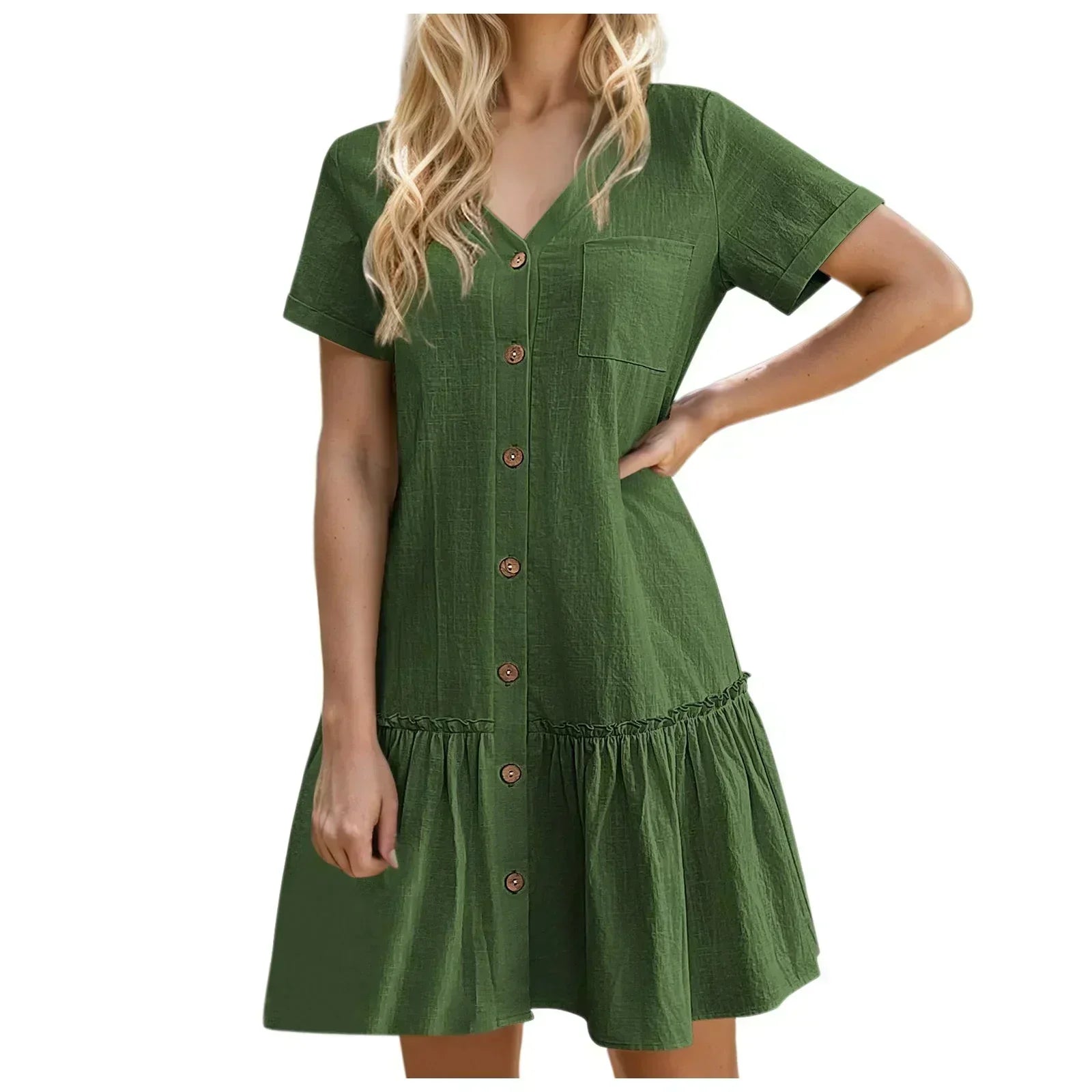 Robe courte femme coton lin à boutons et ourlet volanté
