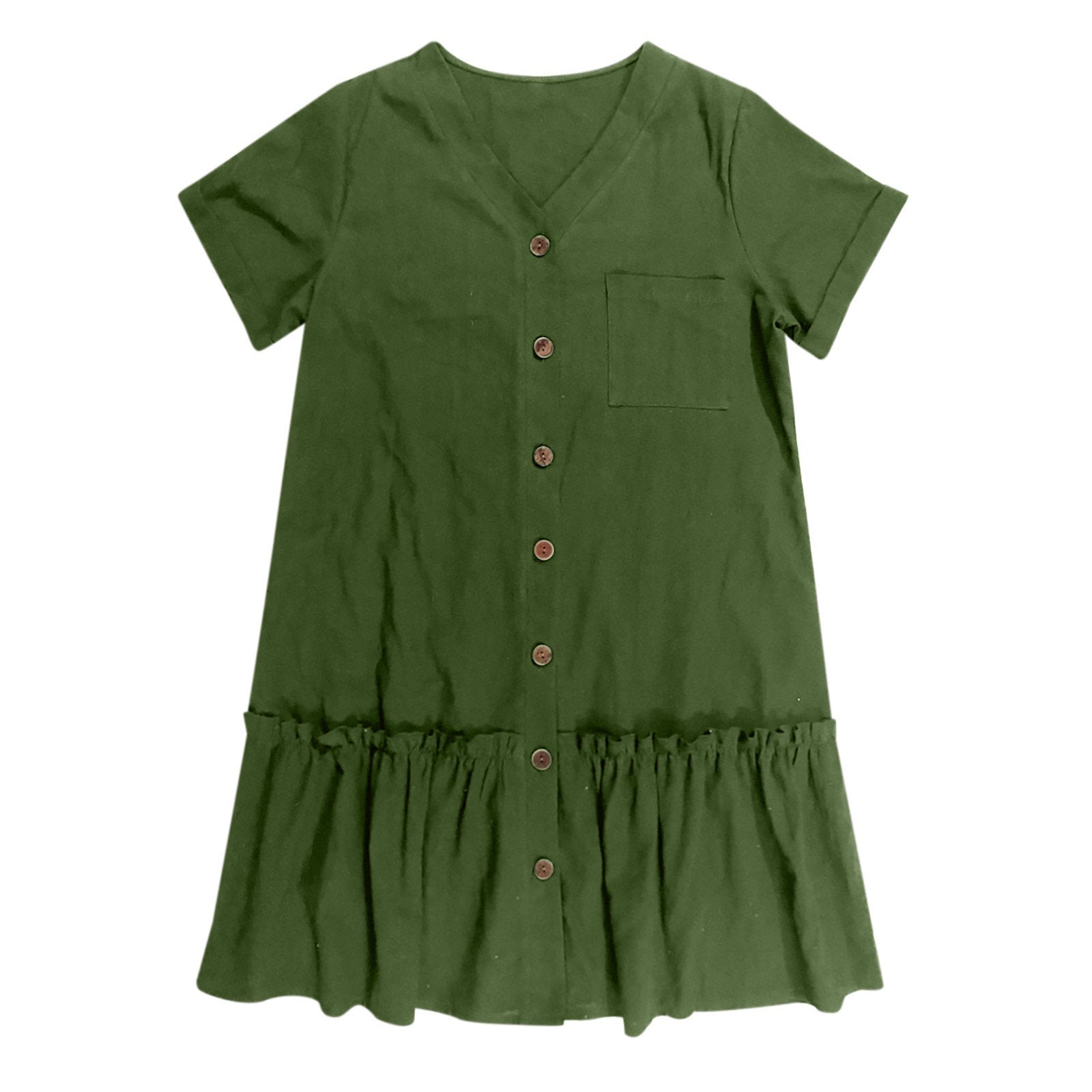 Robe courte femme coton lin à boutons et ourlet volanté