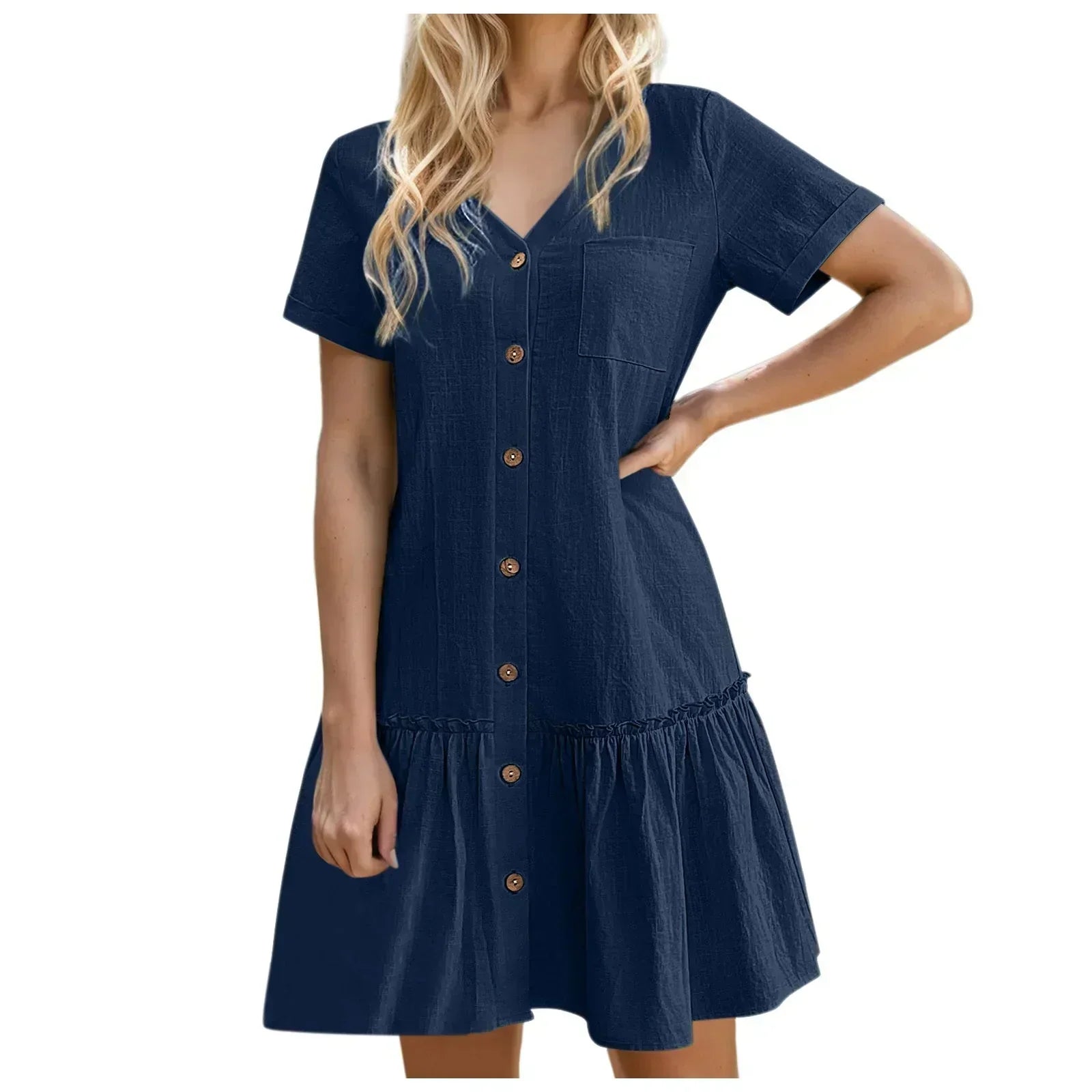 Robe courte femme coton lin à boutons et ourlet volanté