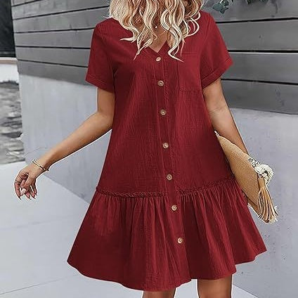 Robe courte femme coton lin à boutons et ourlet volanté