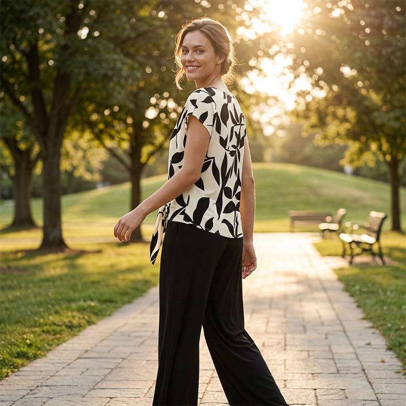 Ensemble deux pièces femme avec haut imprimé et pantalon large