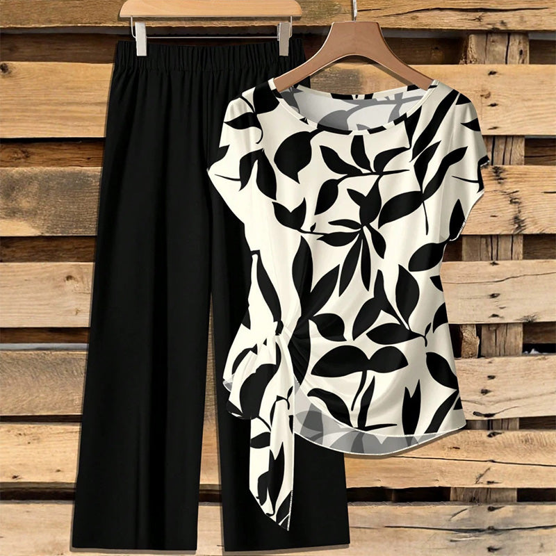 Ensemble deux pièces femme avec haut imprimé et pantalon large