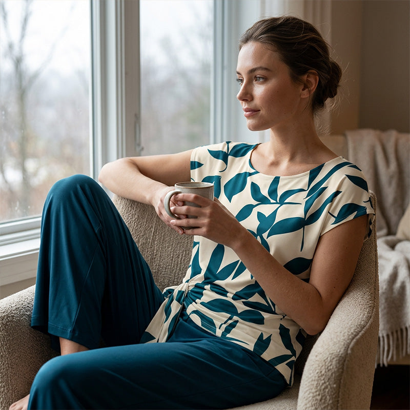 Ensemble deux pièces femme avec haut imprimé et pantalon large
