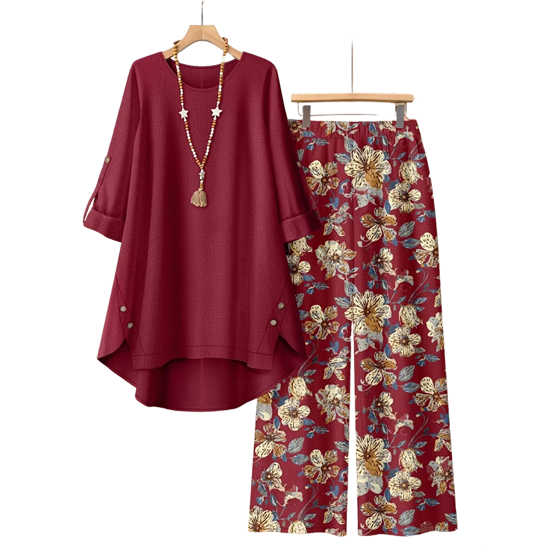 Ensemble deux pièces femme coton lin avec pantalon floral