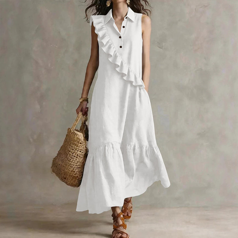 Robe longue femme à volants asymétriques et col polo