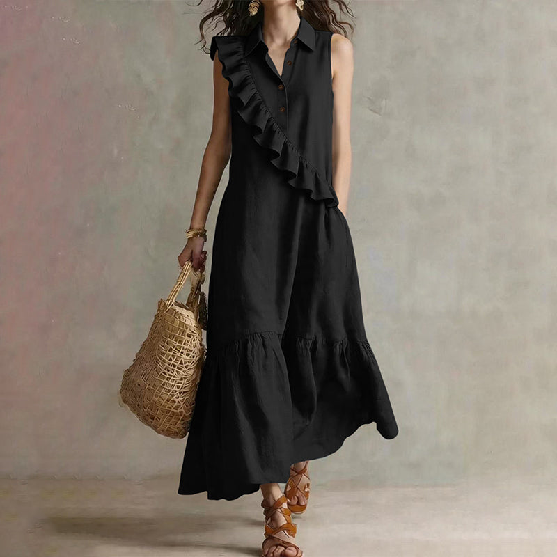 Robe longue femme à volants asymétriques et col polo