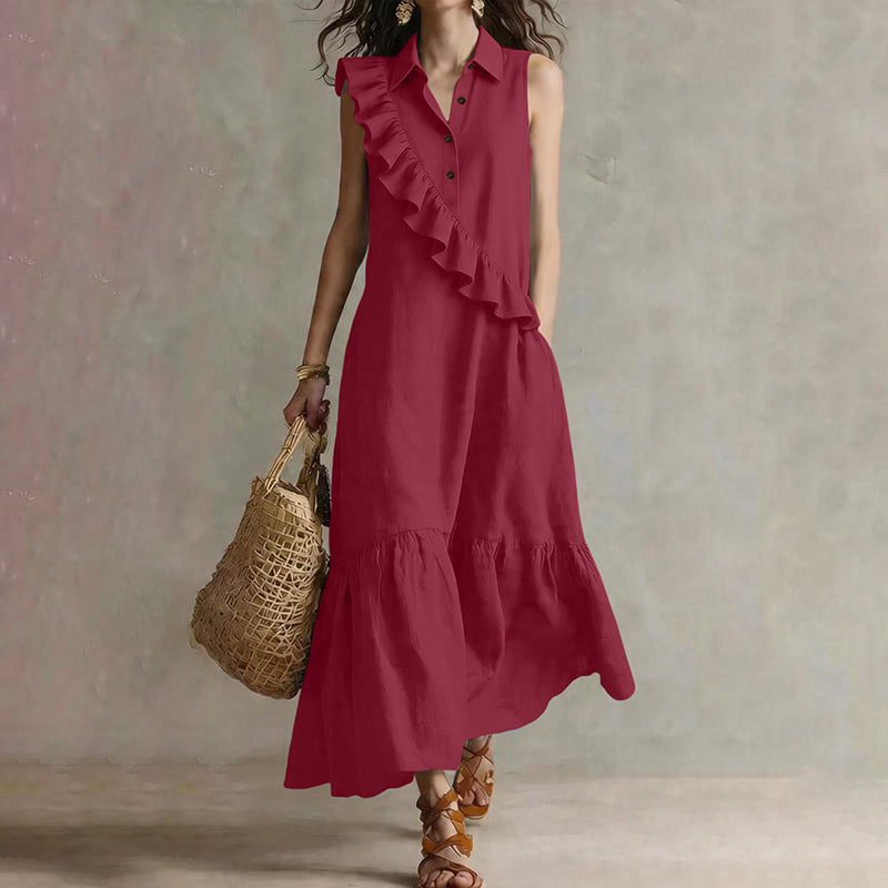 Robe longue femme à volants asymétriques et col polo