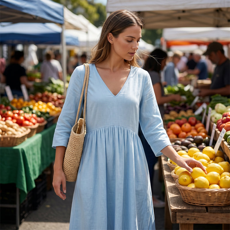 Robe longue femme fluide à col V et manches trois-quarts