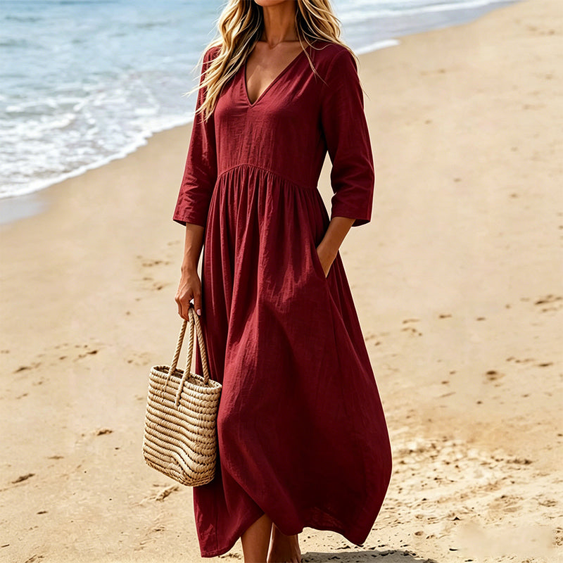 Robe longue femme fluide à col V et manches trois-quarts