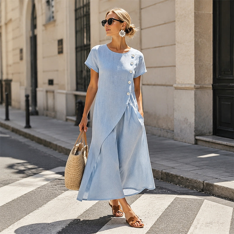 Robe midi femme en coton-lin avec boutons asymétriques