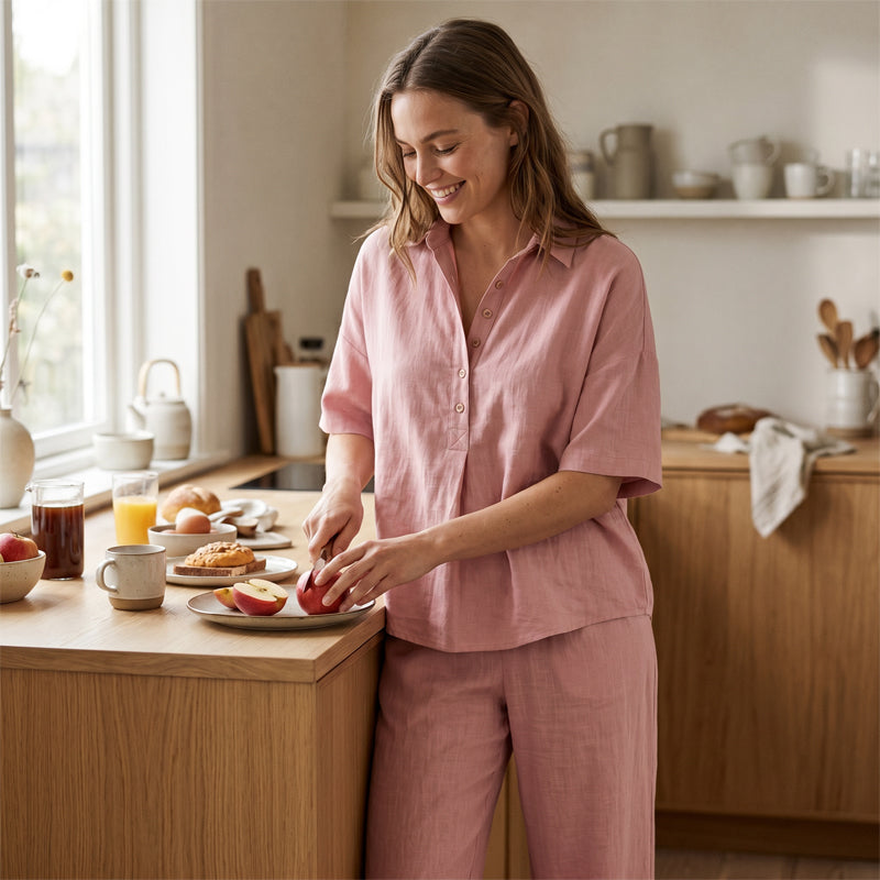 Ensemble femme fluide avec blouse boutonnée et pantalon large