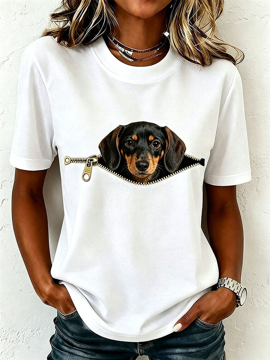 T-shirt femme en coton avec motif teckel zippé