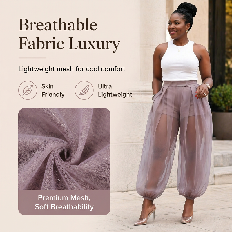 Pantalon femme transparent en mesh avec short intégré