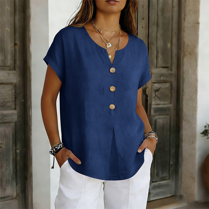 T-shirt femme col V avec boutons décoratifs