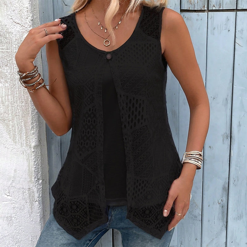 Gilet femme sans manches au crochet ajouré avec bouton