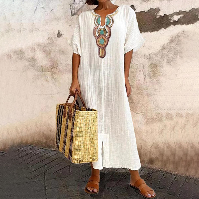 Robe maxi femme brodée style bohème à col V
