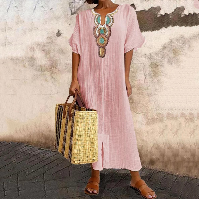 Robe maxi femme brodée style bohème à col V