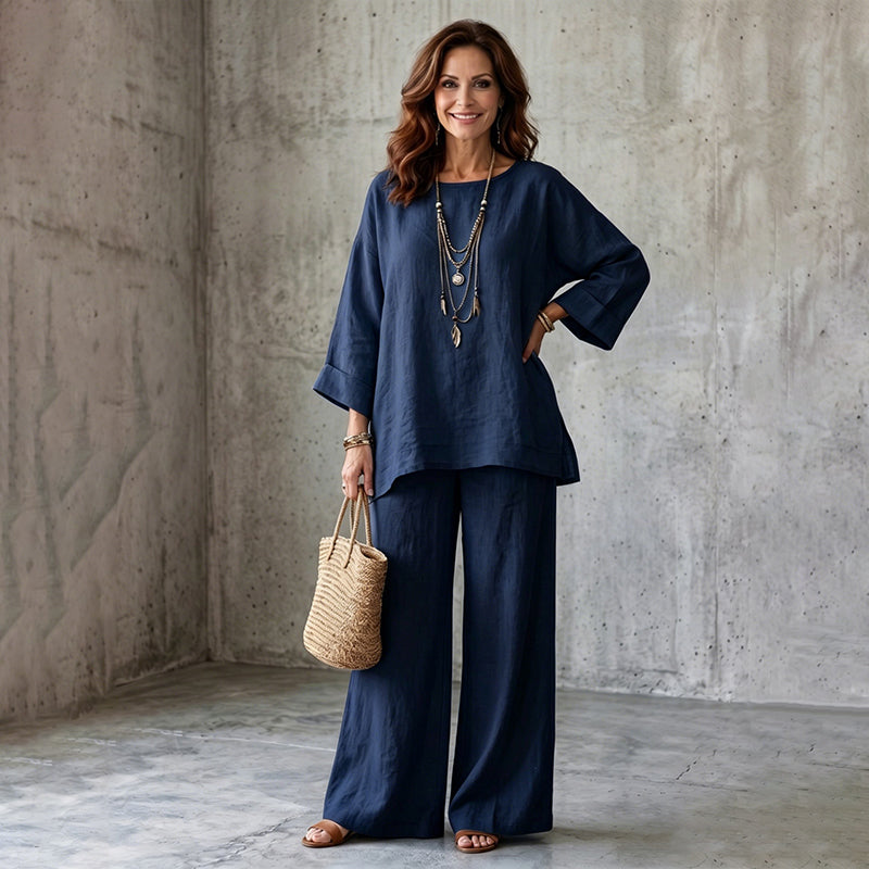 Ensemble femme deux pièces effet lin avec pantalon large