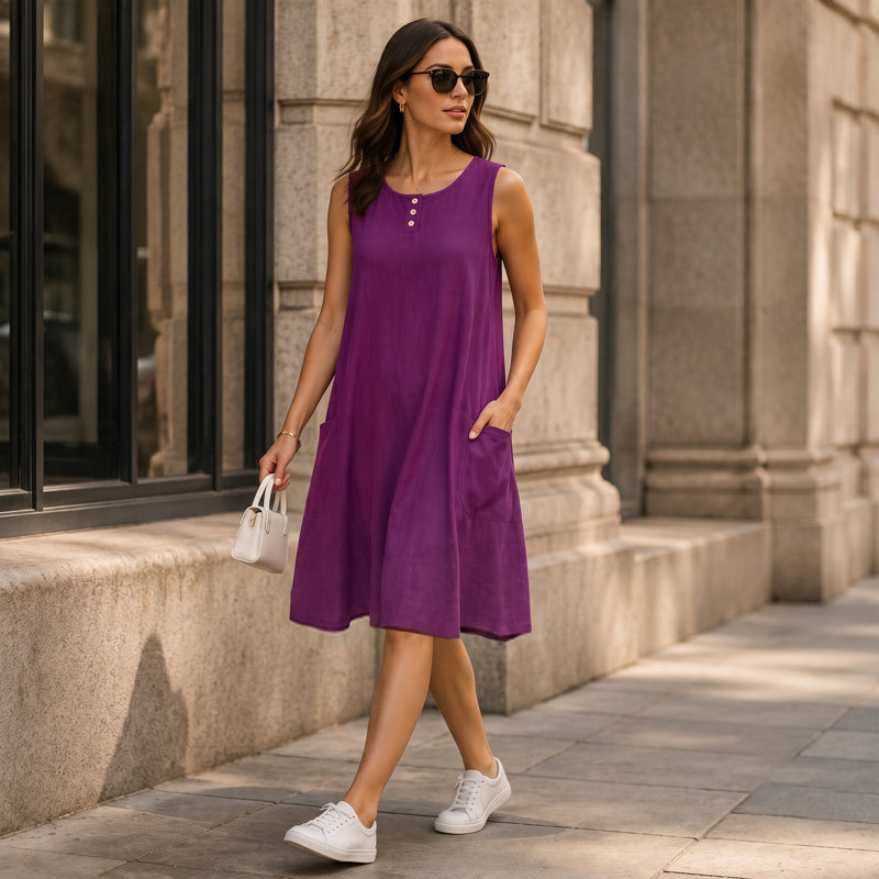 Robe sans manches femme coton-lin avec poches