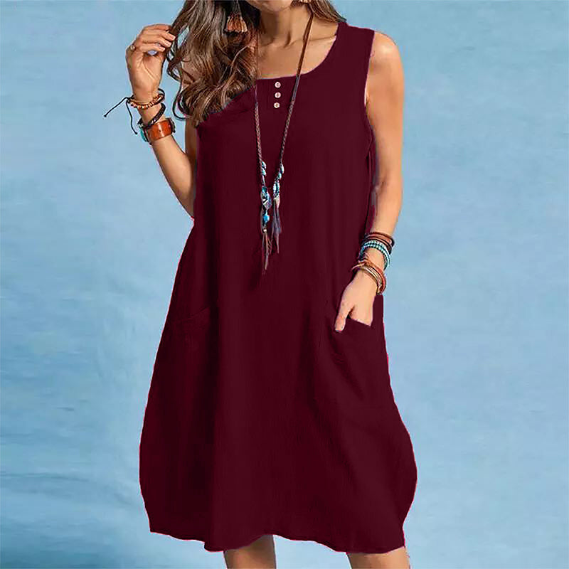Robe sans manches femme coton-lin avec poches