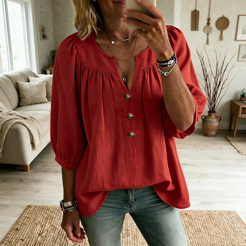Blouse femme col V avec manches 3/4 boutonnées