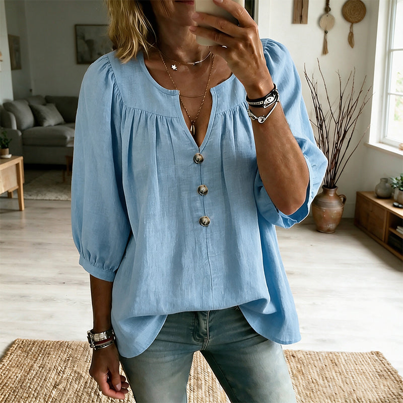 Blouse femme col V avec manches 3/4 boutonnées
