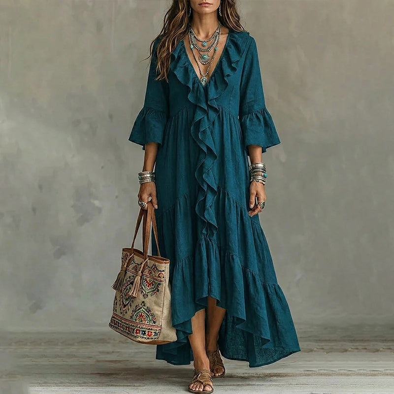Robe midi femme bohème à volants avec col V