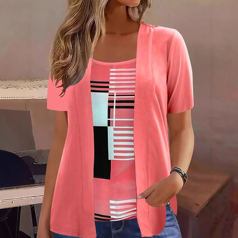 T-shirt femme effet superposé à imprimé géométrique