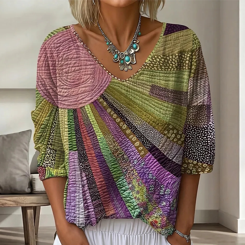 Blouse femme patchwork à col V rétro chic