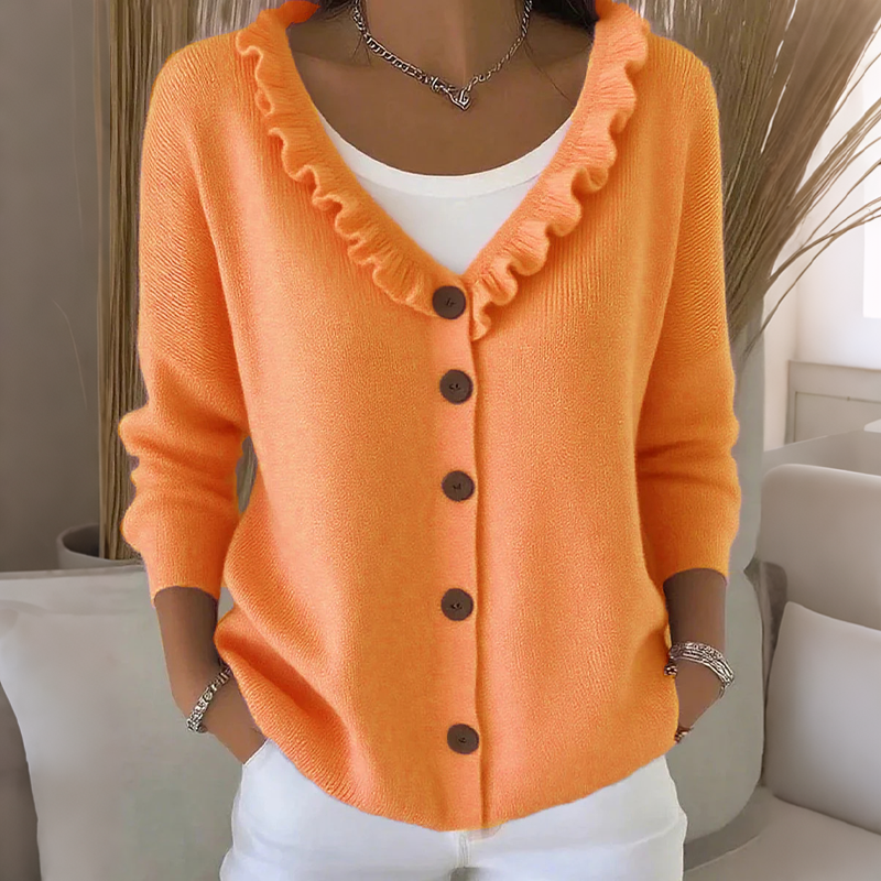 Cardigan femme boutonné en maille avec col volanté