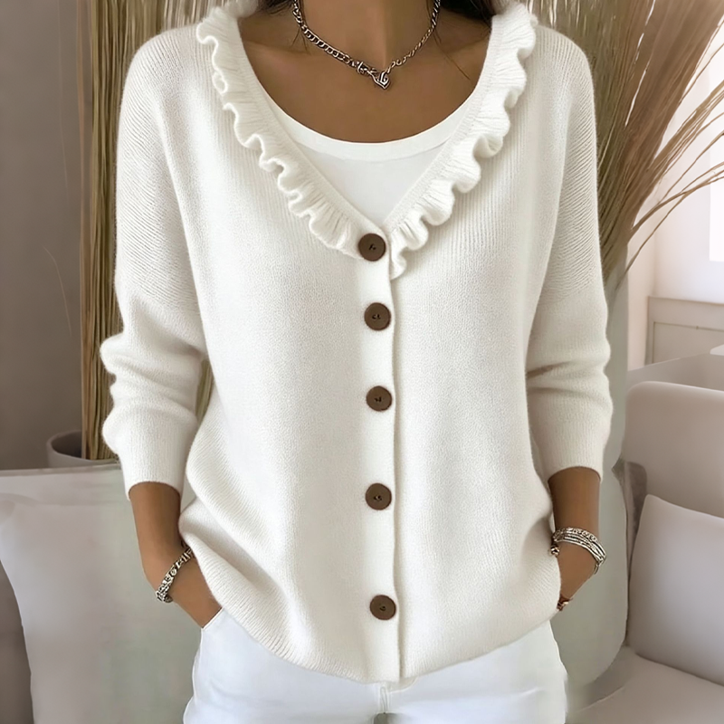 Cardigan femme boutonné en maille avec col volanté