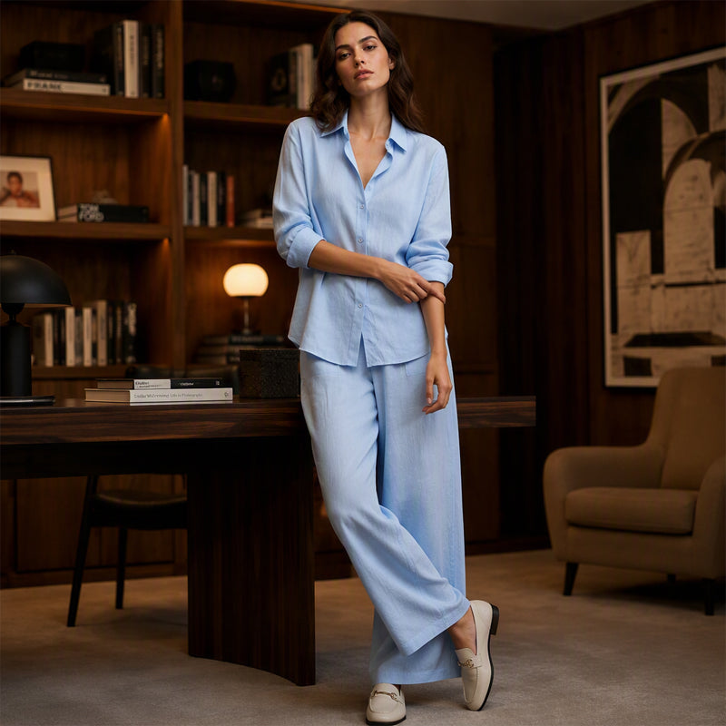 Ensemble femme chemise boutonnée et pantalon large fluide